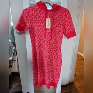 Michael Kors Red Logo-Print Knit Hooded Dress